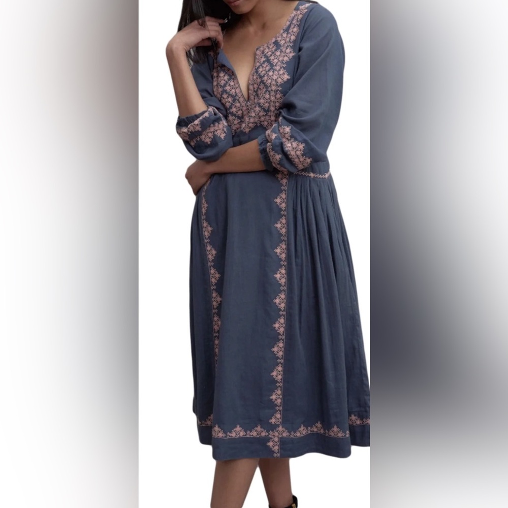 Embroidered Slate Blue Midi Dress with Pink Trim